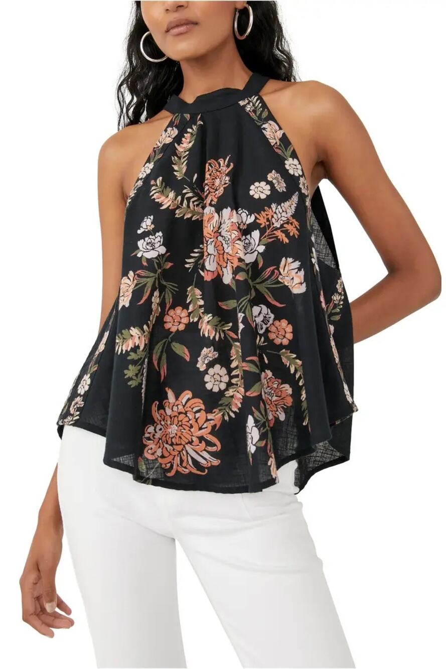 Free People Emily Printed Floral Halter Tank Top Black Size XS
